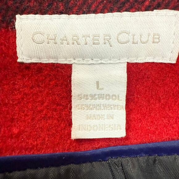 Charter Club Red Black Wool Plaid Peacoat Jacket Women’s Large Shoulder Pads - Picture 5 of 9